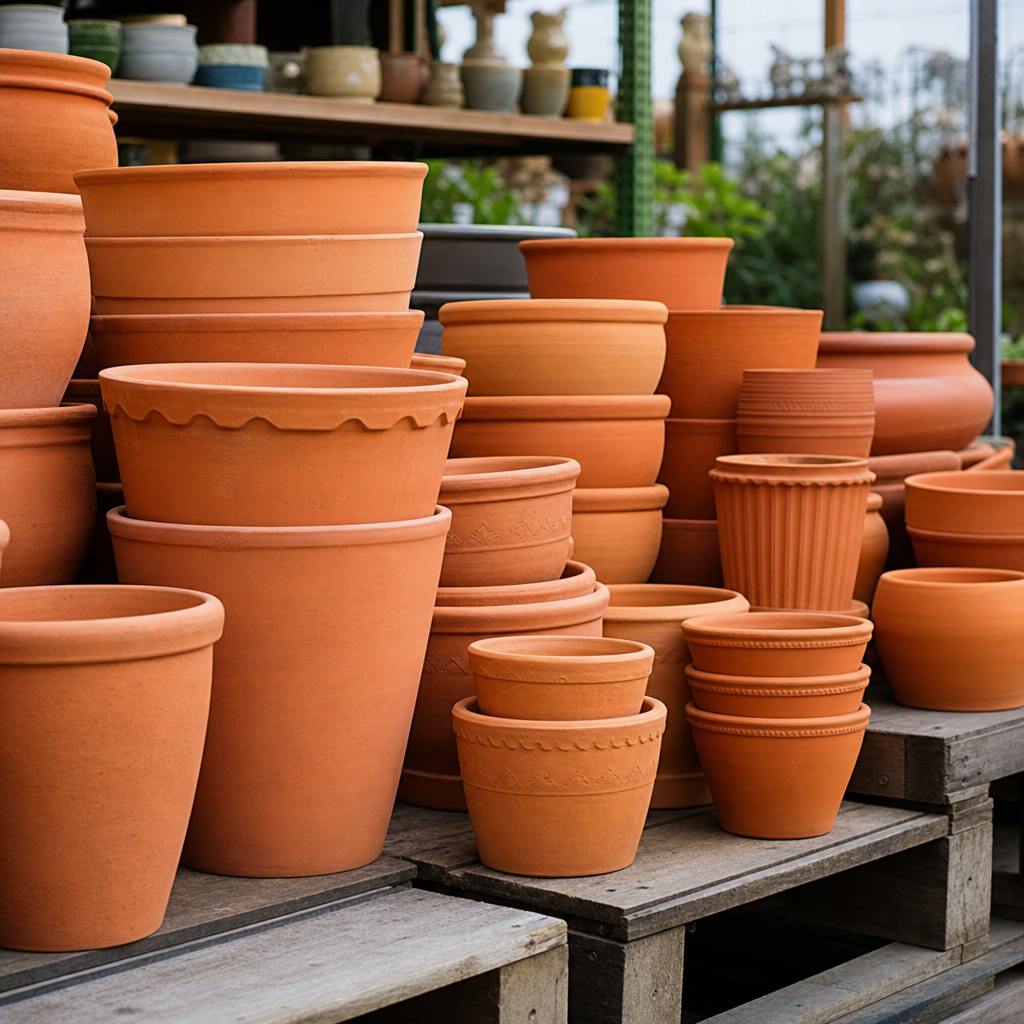 Clay pots lined on a nursery bench